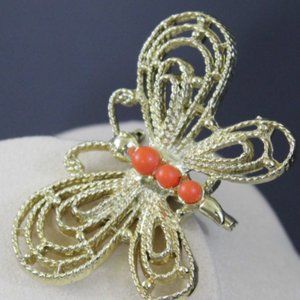 VTG butterfly brooch signed Gerrys goldtone with coral beads